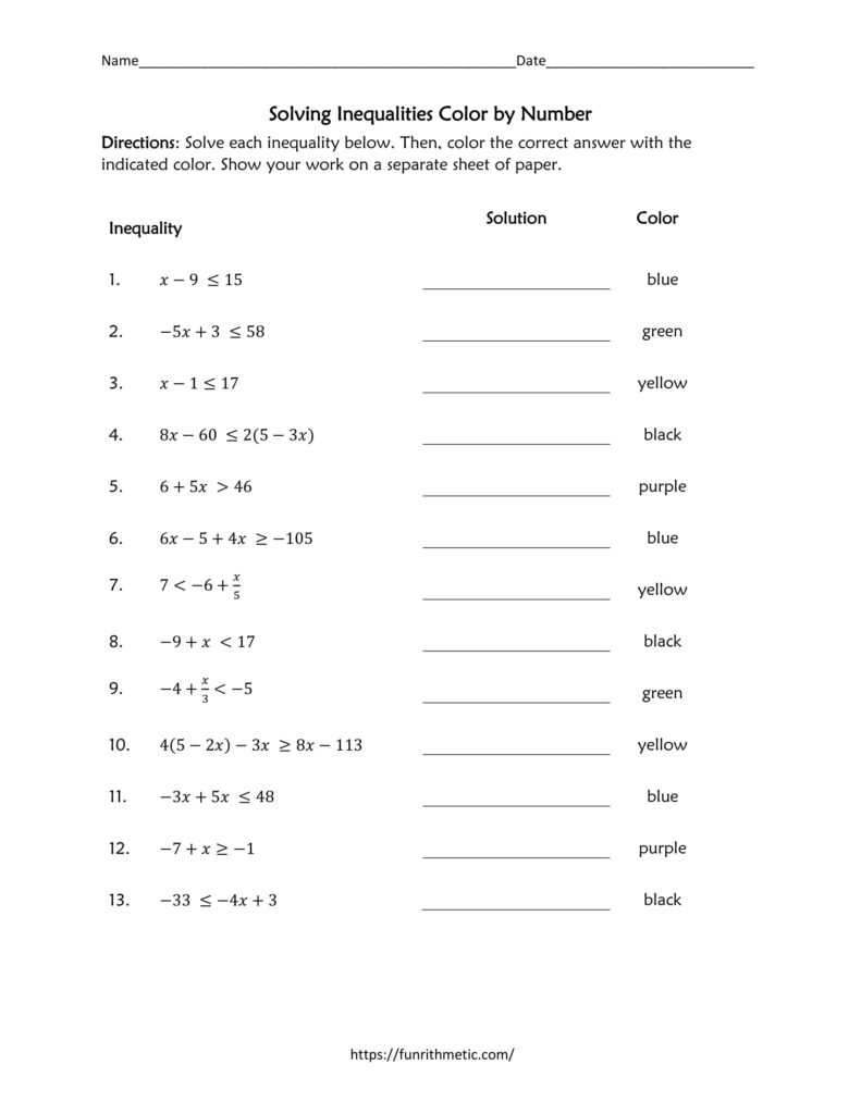 Solving Inequalities Color by Number | Funrithmetic