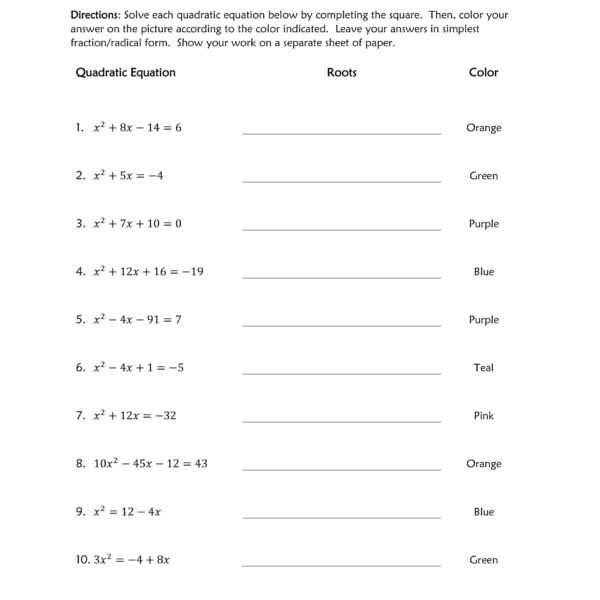 Solving Quadratic Equations by Completing the Square worksheet