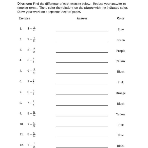 Subtracting Fractions from Whole Numbers worksheet
