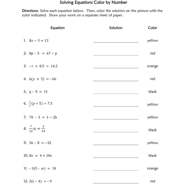 solving equations worksheet