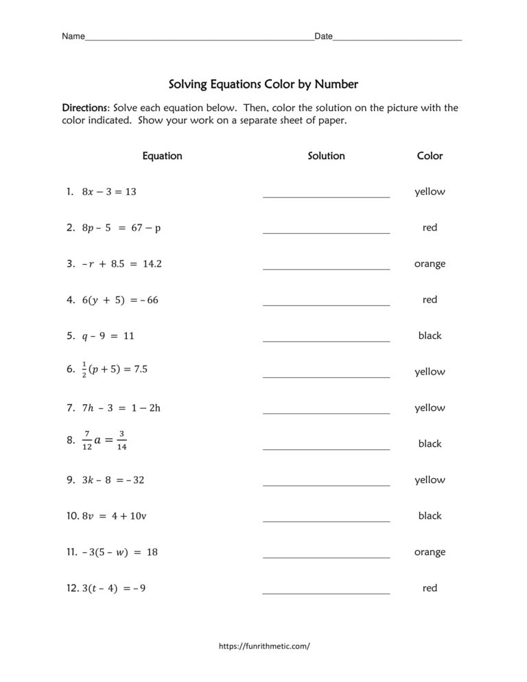 Solving Equations Color by Number | Funrithmetic