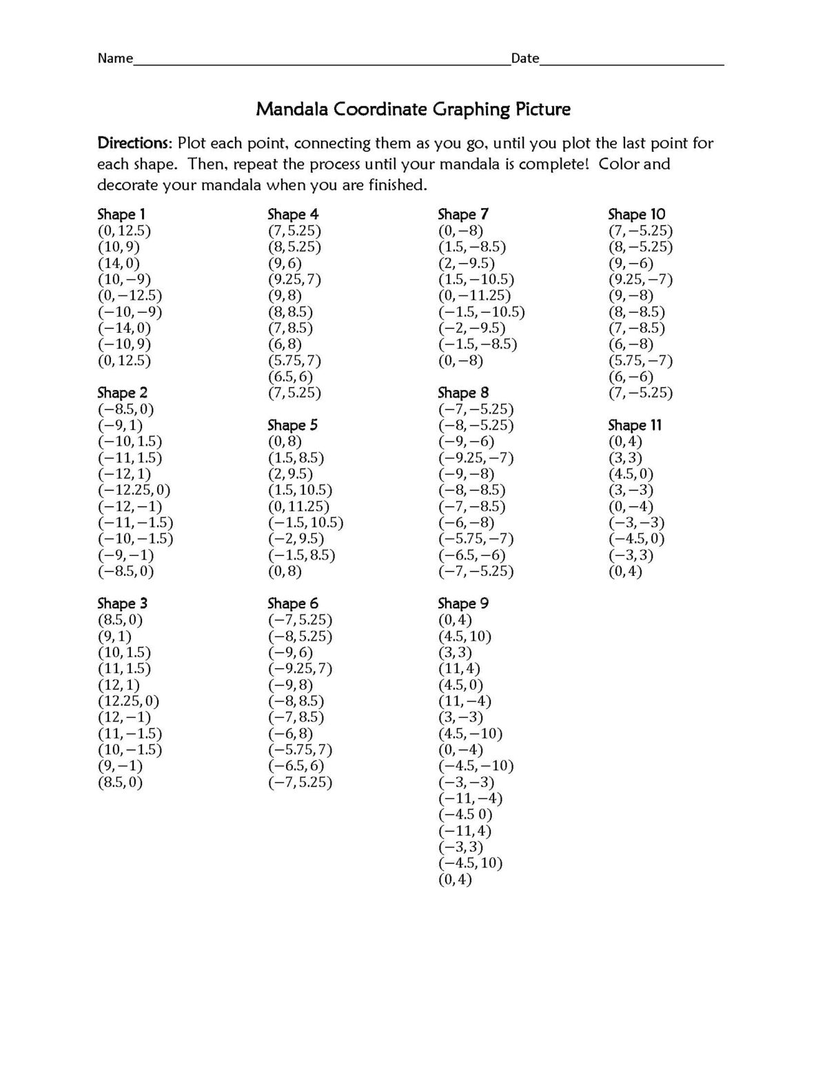 Mandala Coordinate Graphing Worksheet