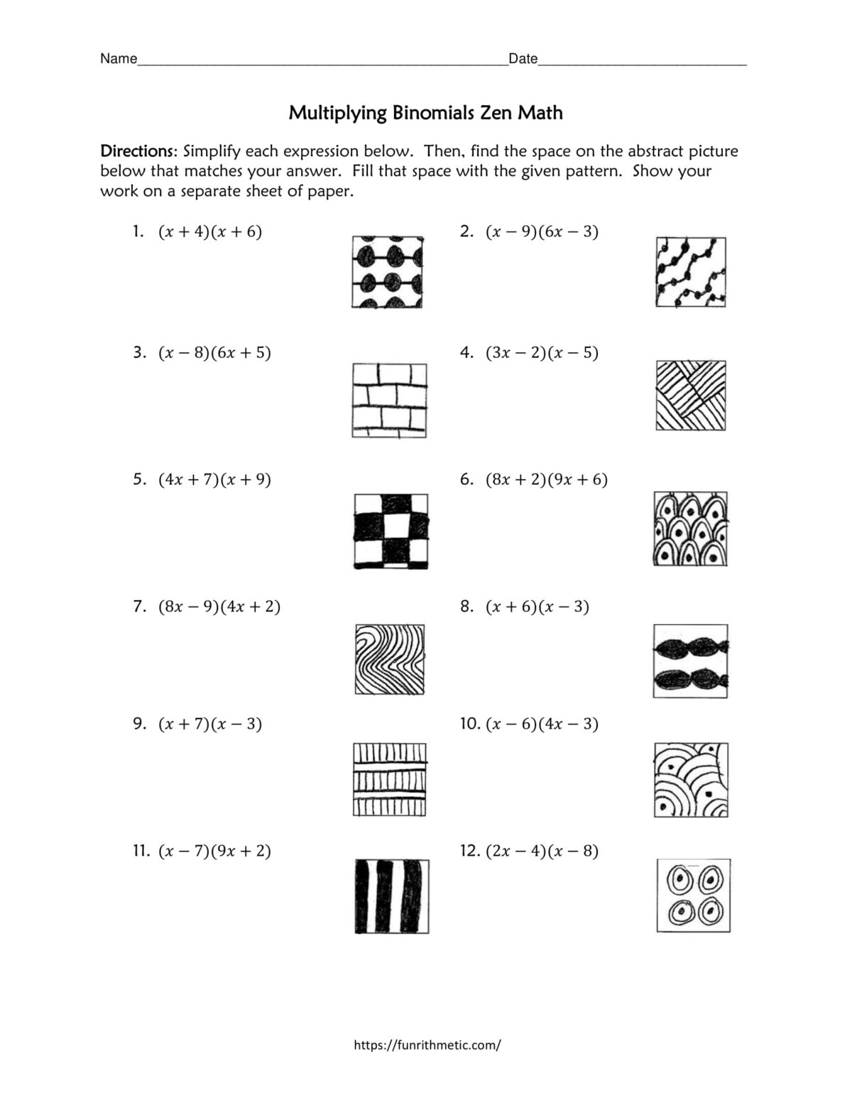 multiplying binomials zen math worksheet