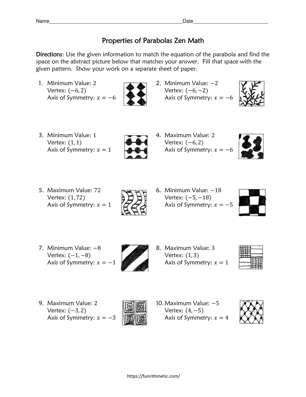 properties of parabolas worksheet