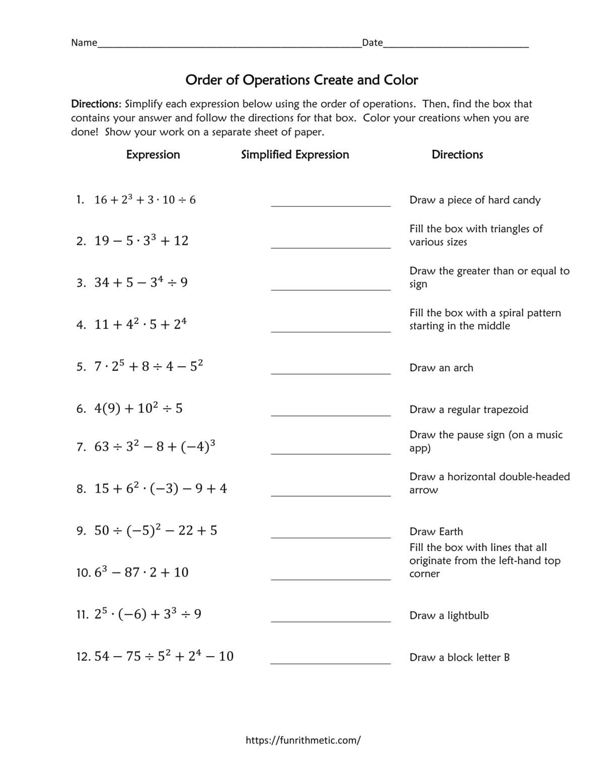 order of operations worksheet